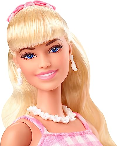 Barbie The Movie Doll, Margot Robbie as Barbie, Collectible Doll Wearing Pink and White Gingham Dress with Daisy Chain Necklace for 6 years and up