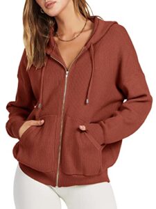 anrabess women's sweater hoodies 2023 fall oversized full zip up jackets long sleeve crewneck sweatshirt casual loose ribbed knit pullover top with pocket 791xiuhong-l rust
