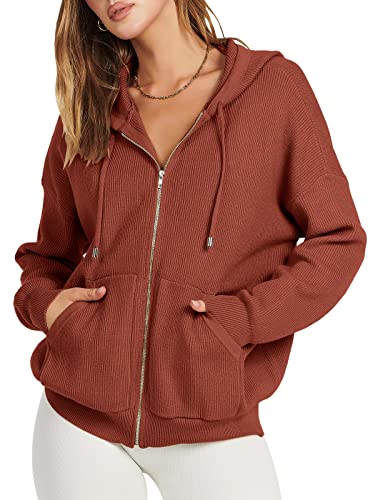 ANRABESS Women's Sweater Hoodies 2023 Fall Oversized Full Zip Up Jackets Long Sleeve Crewneck Sweatshirt Casual Loose Ribbed Knit Pullover Top with Pocket 791xiuhong-L Rust