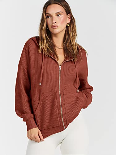 ANRABESS Women's Sweater Hoodies 2023 Fall Oversized Full Zip Up Jackets Long Sleeve Crewneck Sweatshirt Casual Loose Ribbed Knit Pullover Top with Pocket 791xiuhong-L Rust