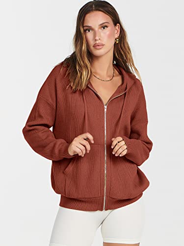 ANRABESS Women's Sweater Hoodies 2023 Fall Oversized Full Zip Up Jackets Long Sleeve Crewneck Sweatshirt Casual Loose Ribbed Knit Pullover Top with Pocket 791xiuhong-L Rust