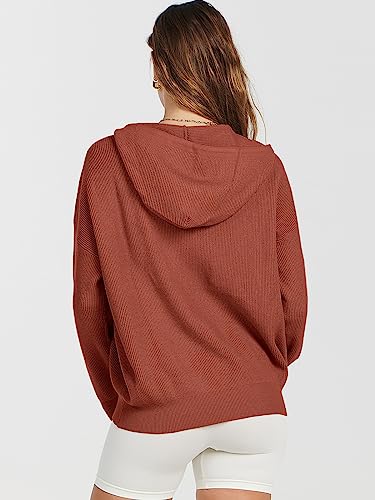 ANRABESS Women's Sweater Hoodies 2023 Fall Oversized Full Zip Up Jackets Long Sleeve Crewneck Sweatshirt Casual Loose Ribbed Knit Pullover Top with Pocket 791xiuhong-L Rust