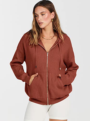 ANRABESS Women's Sweater Hoodies 2023 Fall Oversized Full Zip Up Jackets Long Sleeve Crewneck Sweatshirt Casual Loose Ribbed Knit Pullover Top with Pocket 791xiuhong-L Rust