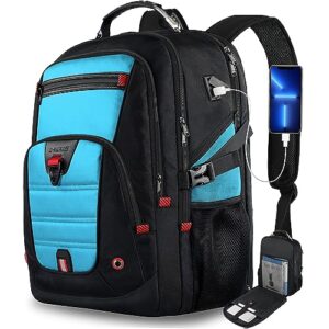 big backpack for travel, extra large laptop backpack, anti-theft computer backpack 50l for women men, waterproof heavy duty backpack 17.3 inch with usb port, college business work daypack, lake blue