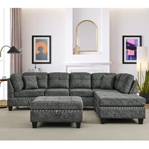 ubgo living room furniture sets,l-shaped 2 small pillows&storage ottoman,sectional 3-seaters sofa with extra wide reversible chaise,upholstered couch for large space apartments, gray i
