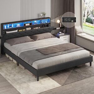 adorneve led bed frame full size with storage headboard, platform bed frame with outlets and usb ports, upholstered bed with led lights & storage, diamond stitched button tufted design, dark grey