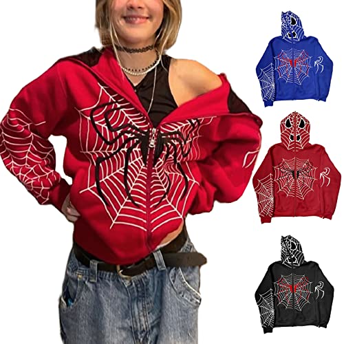 NIKDUCK Y2k Full Zip Up Hoodie Women Oversized Goth Sweatshirt E-Girl Rhinestone Long Sleeve Graphic Jacket Streetwear (Standard, 25-Red, L)