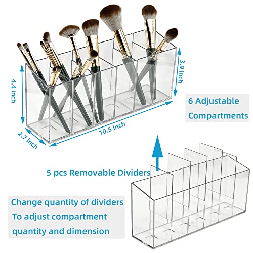 YCLADEC Pen Holder Makeup Brush Holder 6 Compartments Organizer with Removable Dividers for Desk Cosmetic Storage Office Accessory Bathroom Kitchen Desktop Pencil Cup Stationery Organization Clear