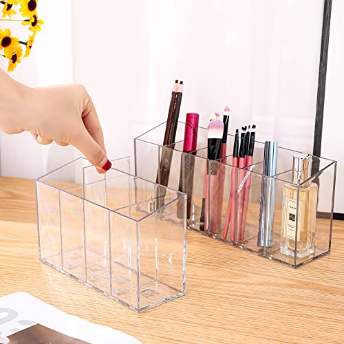 YCLADEC Pen Holder Makeup Brush Holder 6 Compartments Organizer with Removable Dividers for Desk Cosmetic Storage Office Accessory Bathroom Kitchen Desktop Pencil Cup Stationery Organization Clear