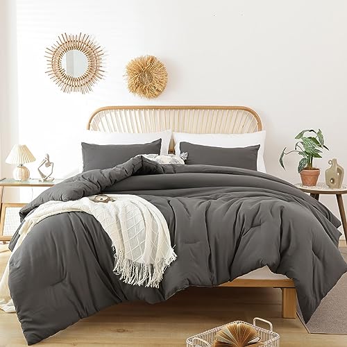 ROSGONIA Charcoal Grey Comforter Set Queen, 3pcs (1 Boho Dark Grey Comforter & 2 Pillowcases), Soft Lightweight Cozy Gray Queen Comforter Set, Easy to Wash and Clean Charcoal Gray Bedding Sets Queen