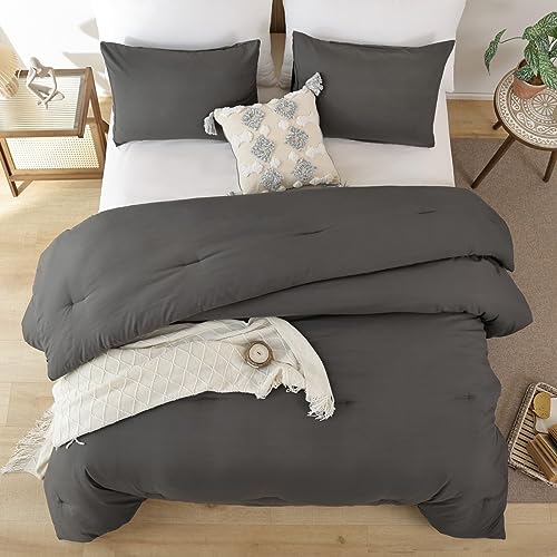 ROSGONIA Charcoal Grey Comforter Set Queen, 3pcs (1 Boho Dark Grey Comforter & 2 Pillowcases), Soft Lightweight Cozy Gray Queen Comforter Set, Easy to Wash and Clean Charcoal Gray Bedding Sets Queen