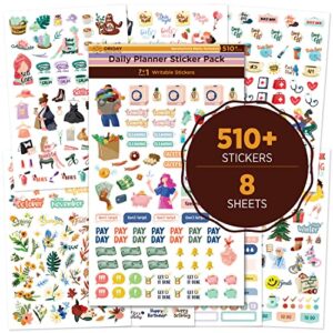 oriday new daily happy planner sticker pack- 500+ cute agenda sticker sets for journaling, decorating, budget planner, school supply, calendar stickers for adults planner, female empowerment