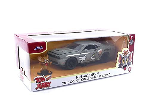Jada Toys Tom and Jerry 1:24 2015 Dodge Challenger Hellcat Die-cast Car w/ 2.75" Jerry Figure, Toys for Kids and Adults