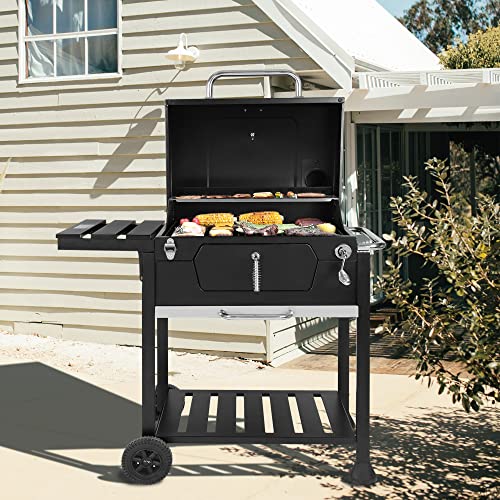 Royal Gourmet 24-Inch Charcoal Grill with Foldable Side Table, 490 Square Inches Heavy-duty BBQ Grill, Perfect for Outdoor Picnics Patio Garden and Backyard Grilling, Black,CD1824G