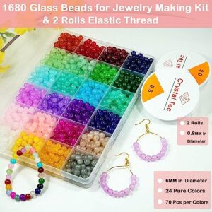 1680pcs 6mm Glass Beads for Jewelry Making, 24 Colors Crystal Gemstone Bracelet Making Bead Round DIY Craft Beads with 2 Rolls Elastic Thread for DIY Craft Earrings Necklace Bracelet(24 Colors-6MM)
