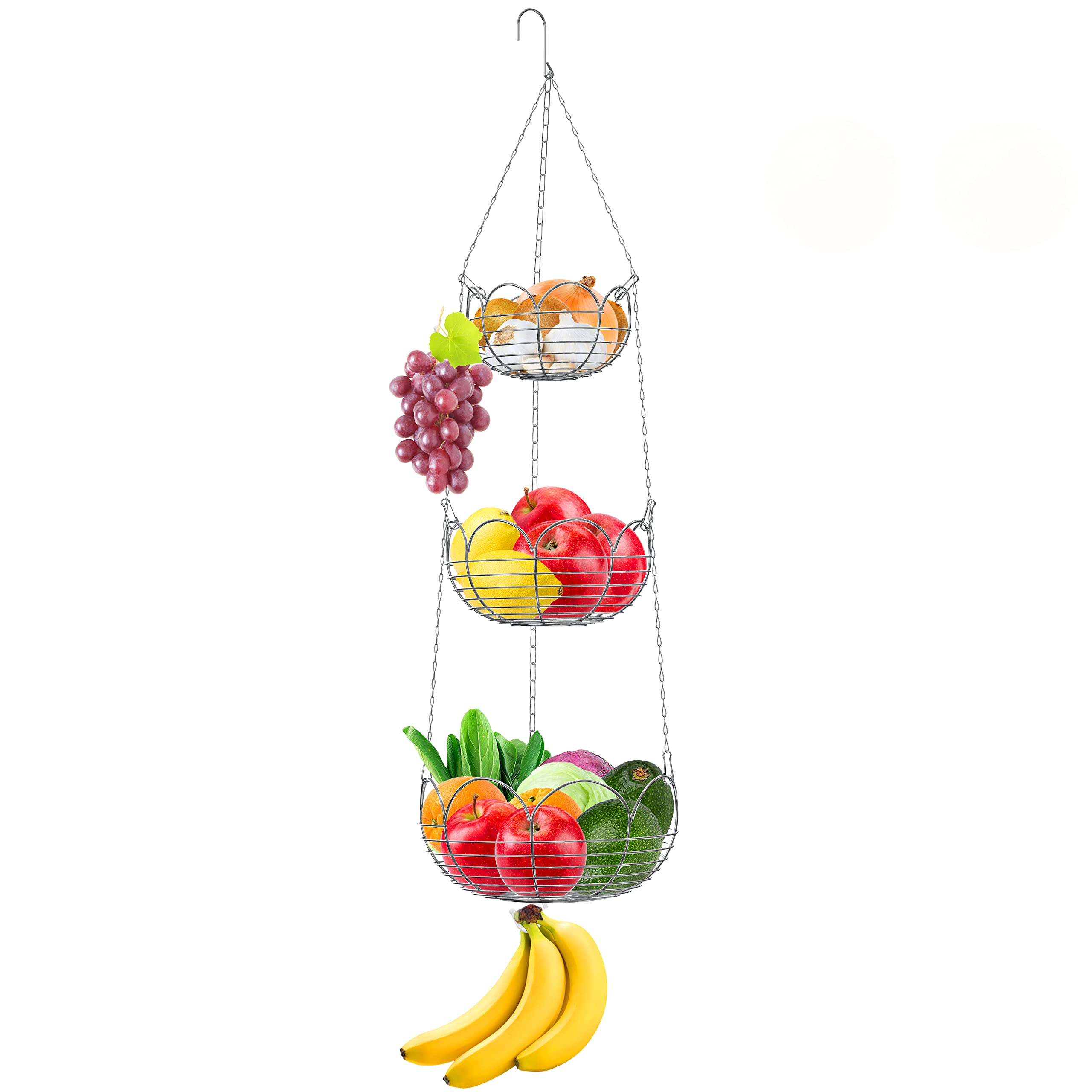 Simple Houseware Modern 3-Tier Hanging Fruit Basket, Chrome