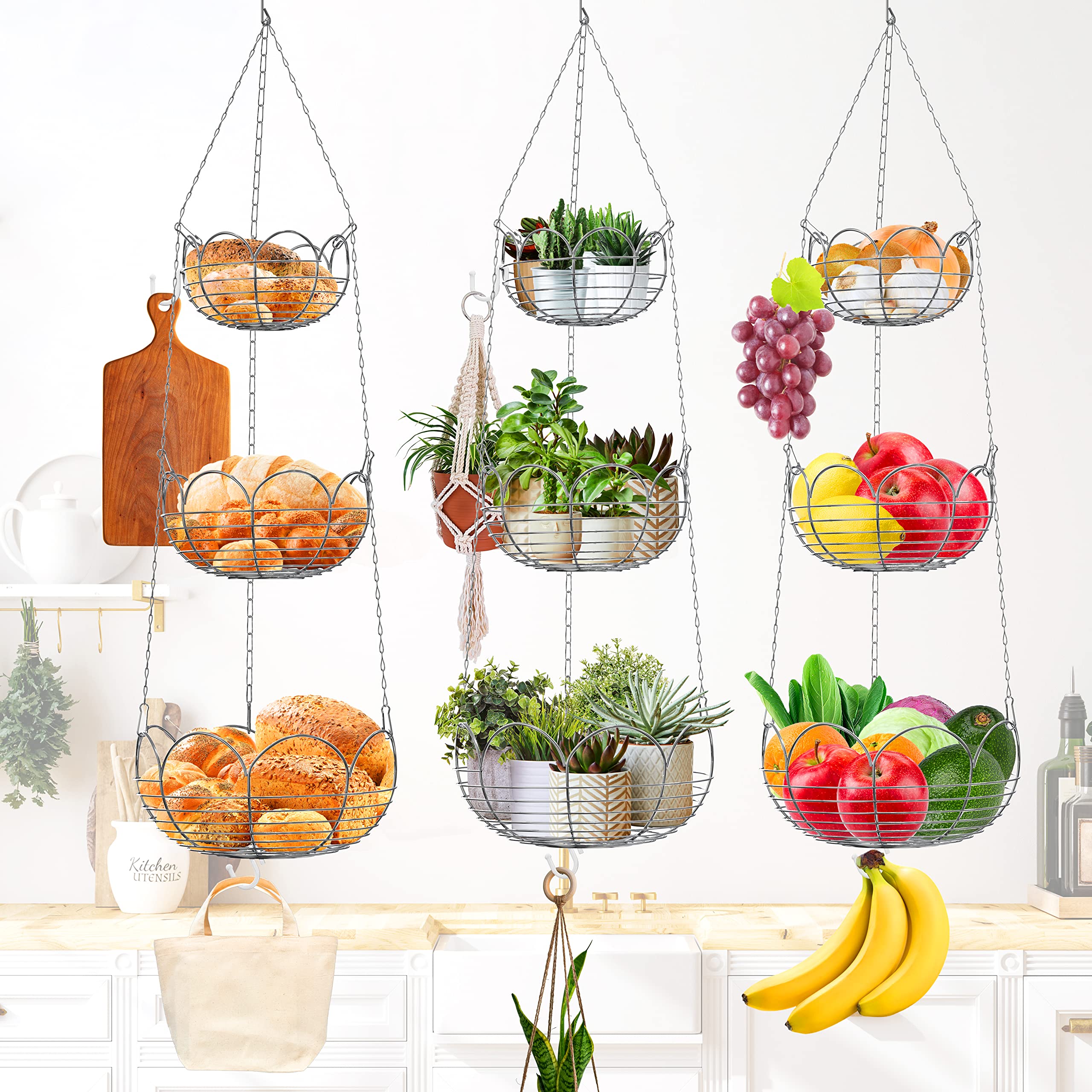 Simple Houseware Modern 3-Tier Hanging Fruit Basket, Chrome