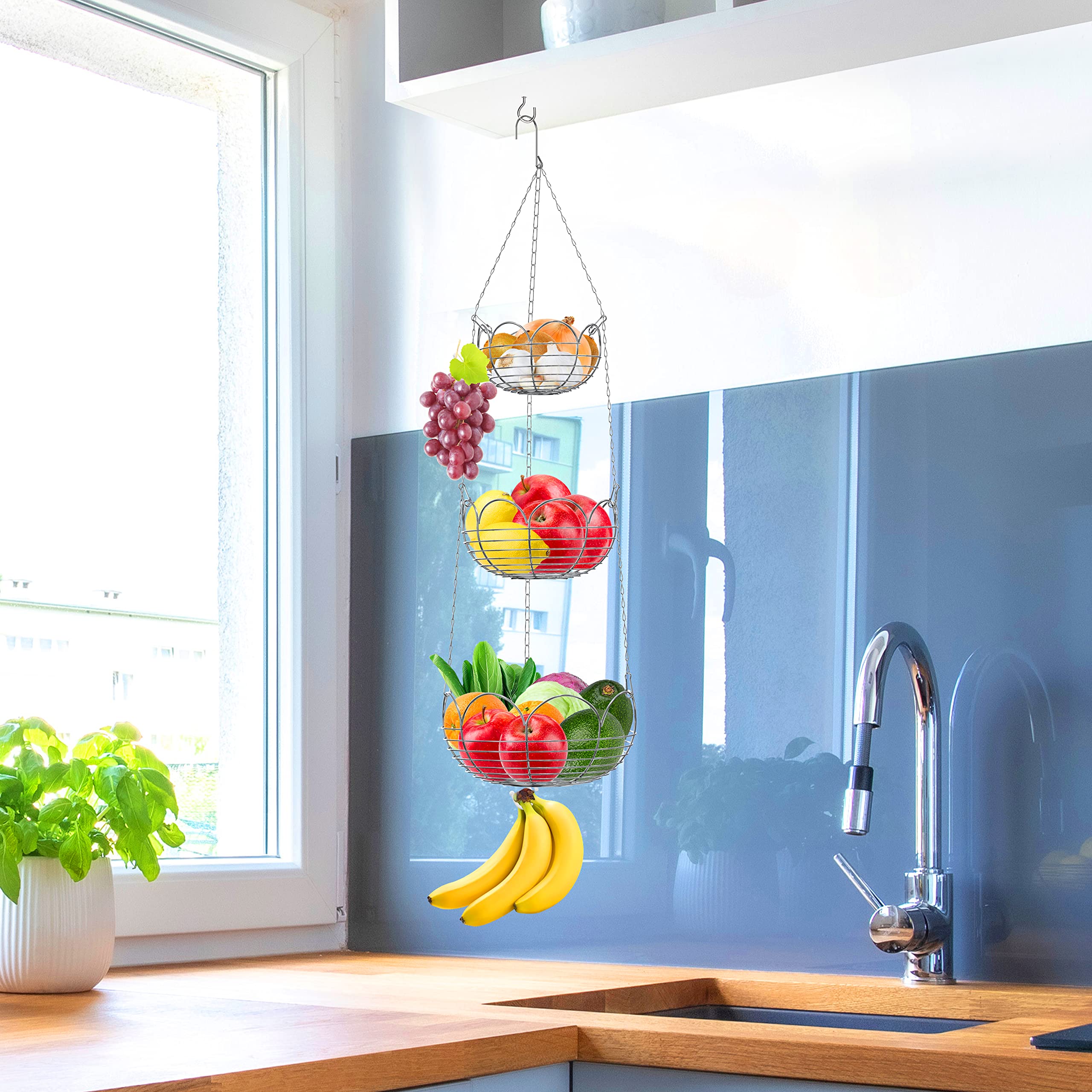 Simple Houseware Modern 3-Tier Hanging Fruit Basket, Chrome