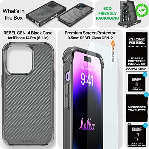 REBEL Phone iPhone 14 Pro Case [Gen-4 Series Aramid Fiber] Strong MagSafe Compatible, Protective Shockproof Corners, Metal Buttons, Upgraded Slim Case for iPhone 14 Pro 6.1 Inch 2022 (Black)