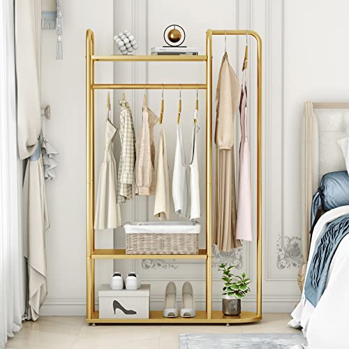 MAIKAILUN Gold Clothing Rack,Modern Industrial Clothes Rack for hanging Clothes with Top Rod and 3-Tier Shelves, Multi-functional Heavy Duty Garment Rack Cloest Organizer Coat Rack for Boutique