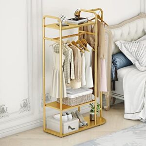 MAIKAILUN Gold Clothing Rack,Modern Industrial Clothes Rack for hanging Clothes with Top Rod and 3-Tier Shelves, Multi-functional Heavy Duty Garment Rack Cloest Organizer Coat Rack for Boutique