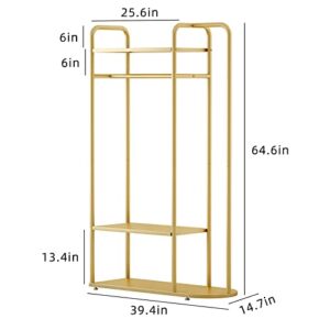 MAIKAILUN Gold Clothing Rack,Modern Industrial Clothes Rack for hanging Clothes with Top Rod and 3-Tier Shelves, Multi-functional Heavy Duty Garment Rack Cloest Organizer Coat Rack for Boutique