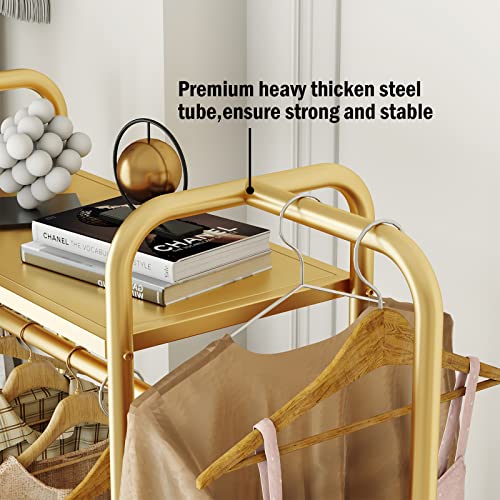 MAIKAILUN Gold Clothing Rack,Modern Industrial Clothes Rack for hanging Clothes with Top Rod and 3-Tier Shelves, Multi-functional Heavy Duty Garment Rack Cloest Organizer Coat Rack for Boutique