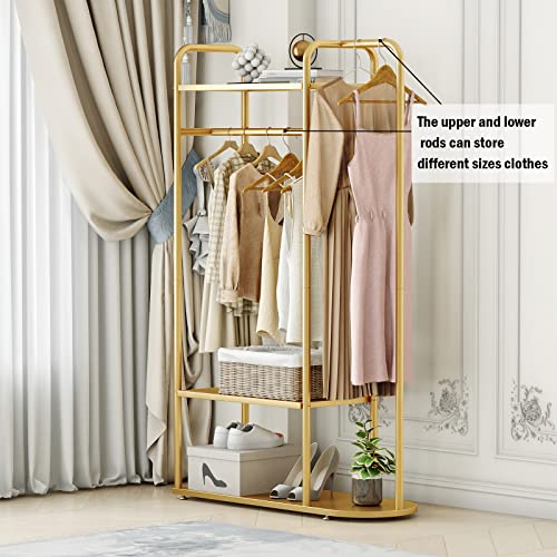 MAIKAILUN Gold Clothing Rack,Modern Industrial Clothes Rack for hanging Clothes with Top Rod and 3-Tier Shelves, Multi-functional Heavy Duty Garment Rack Cloest Organizer Coat Rack for Boutique