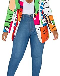 Women's Graphic Print Blazer Button Open Front Long Sleeve Casual Jacket Multicolored X-Large