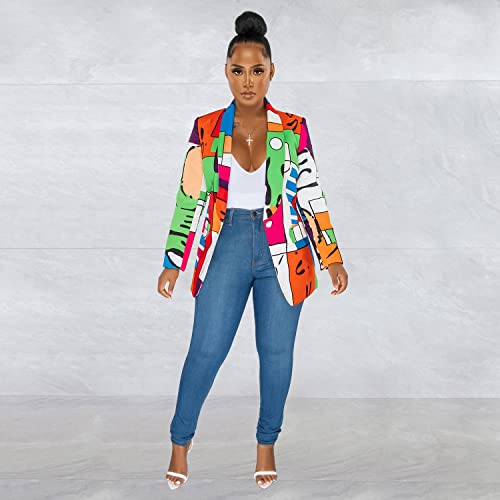 Women's Graphic Print Blazer Button Open Front Long Sleeve Casual Jacket Multicolored X-Large