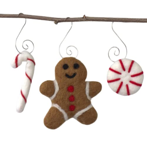 Felt Christmas Ornaments- Gingerbread Man, Peppermint, Candy Cane- With Hooks- Winter- Tree Decor- Holiday Decoration