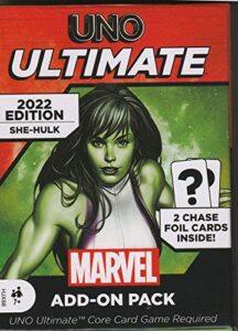 uno ultimate marvel card game add-on pack with she-hulk character deck & 2 collectible foil cards, vary