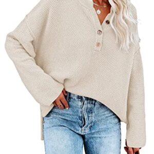 Pink Queen Women's Button Oversized Sweater Batwing Long Sleeve V Neck Henley Top Fall Pullover Knit Jumper Beige XL