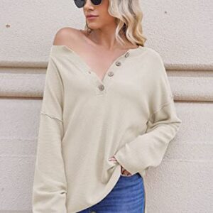 Pink Queen Women's Button Oversized Sweater Batwing Long Sleeve V Neck Henley Top Fall Pullover Knit Jumper Beige XL