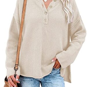 Pink Queen Women's Button Oversized Sweater Batwing Long Sleeve V Neck Henley Top Fall Pullover Knit Jumper Beige XL