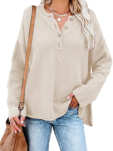 Pink Queen Women's Button Oversized Sweater Batwing Long Sleeve V Neck Henley Top Fall Pullover Knit Jumper Beige XL