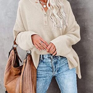 Pink Queen Women's Button Oversized Sweater Batwing Long Sleeve V Neck Henley Top Fall Pullover Knit Jumper Beige XL