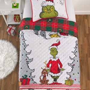 Franco Grinch by Dr. Seuss Holiday Bedding Super Soft Pillow Sham and Quilt Set, Full/Queen Size 76" x 86", (Official Dr. Seuss Product)