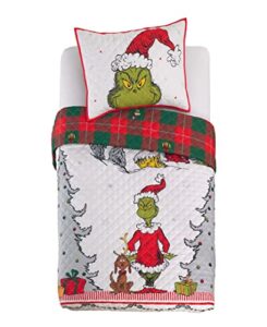 franco grinch by dr. seuss holiday bedding super soft pillow sham and quilt set, full/queen size 76" x 86", (official dr. seuss product)