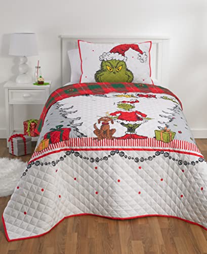 Franco Grinch by Dr. Seuss Holiday Bedding Super Soft Pillow Sham and Quilt Set, Full/Queen Size 76" x 86", (Official Dr. Seuss Product)