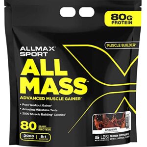 allmax allmass, chocolate - 5 lb - advanced muscle gainer - up to 80 grams of protein per serving - 5:1 carb-to-protein ratio - zero trans fat - up to 24 servings