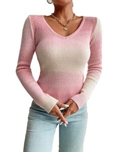floerns women's ombre print long sleeve v neck rib knit pullovers sweater top pink m