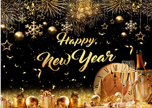 CYLYH 7x5FT New Year Backdrop 2024 Happy New Year Backdrop Golden Particles Bokeh Backdrop Black and Gold Photography Background 2024 New Year Party Backdrops for Photography