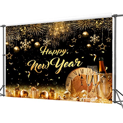 CYLYH 7x5FT New Year Backdrop 2024 Happy New Year Backdrop Golden Particles Bokeh Backdrop Black and Gold Photography Background 2024 New Year Party Backdrops for Photography