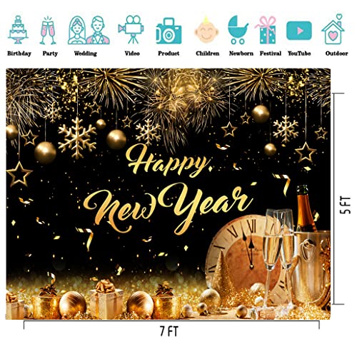 CYLYH 7x5FT New Year Backdrop 2024 Happy New Year Backdrop Golden Particles Bokeh Backdrop Black and Gold Photography Background 2024 New Year Party Backdrops for Photography