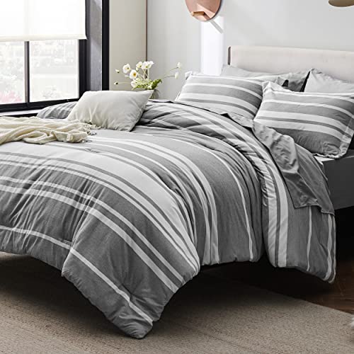 Bedsure Bed in a Bag California King Size 7 Pieces, Gray White Striped Bedding Comforter Sets All Season Bed Set, 2 Pillow Shams, Flat Sheet, Fitted Sheet and 2 Pillowcases