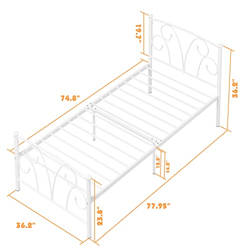 Timy Kids Twin Bed Frame with Headboard and Footboard, Metal Platform Bed Frame with 12 Inch Storage Space for Boys Girls Teens Adults, No Box Spring Needed, White