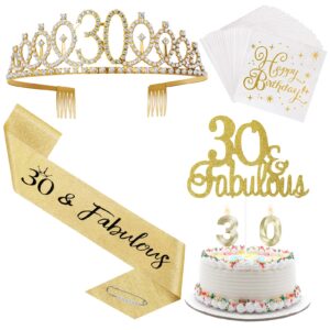 30th birthday decorations for women, 30th birthday sash and tiara crowncake topper, birthday candles, napkins set, 30th birthday gifts for women (gold)