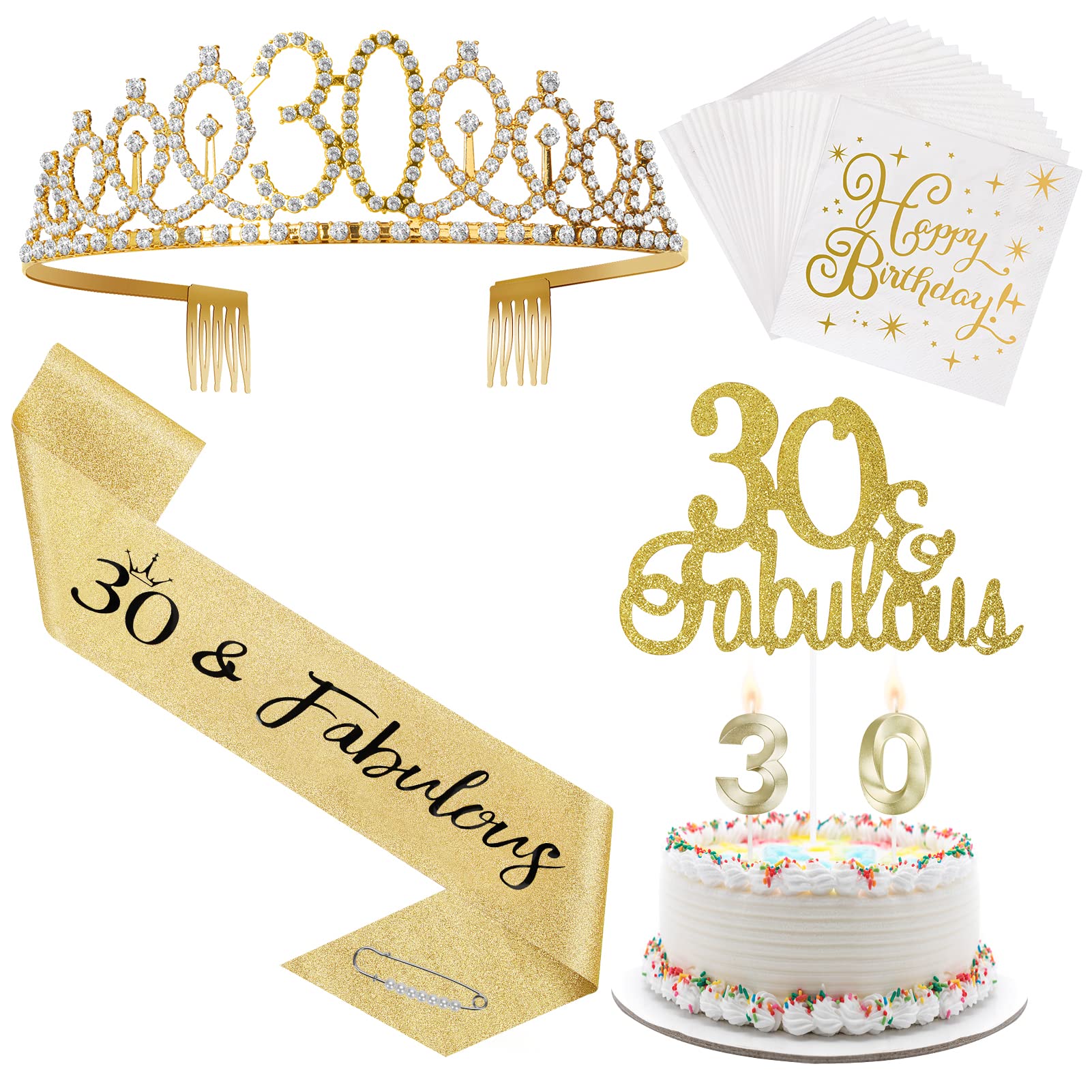 30th Birthday Decorations for Women, 30th Birthday Sash and Tiara CrownCake Topper, Birthday Candles, Napkins Set, 30th Birthday Gifts for Women (Gold)