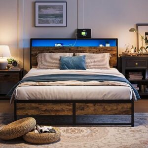 linsy full bed frame with ergonomic headboard, 14 inch fast assembly metal bed with lights, outlets & usb, bed frame full size with storage, noise free, no box spring needed, rustic brown